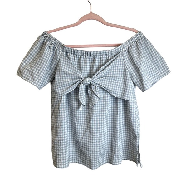 Doe & Rae Off the Shoulder Blouse Women’s M Blue Plaid Gingham‎ Spring Short - Picture 1 of 10